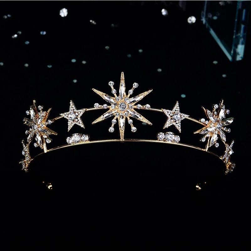 Vintage European 6-Point Star Wedding Crown Tiaras Gold Color Rhinestone Diadem Princess Women Headband Bridal Hair Accessories