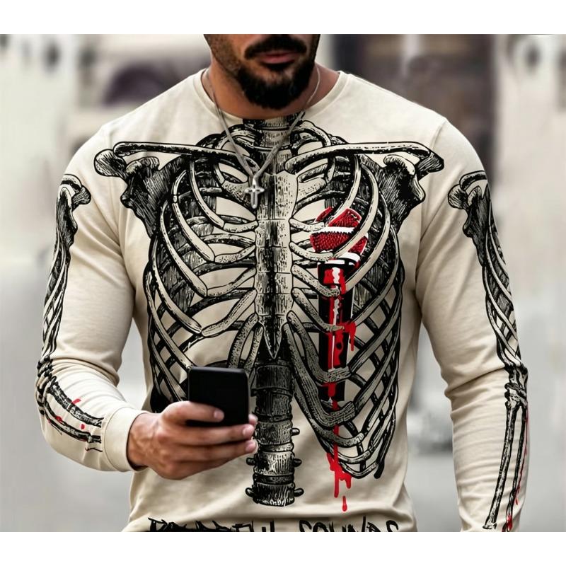 Maglietta da Uomo a Maniche Lunghe Girocollo con Stampa 3D Gabbia Toracica Scheletrica, Top a Maniche Lunghe Casual Streetwear con Grafica Teschio Gotico