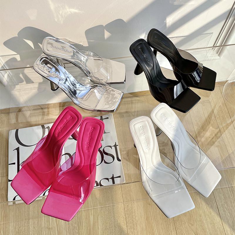 Fashion Elegant Transparent PVC Women Slippers Fashion Red Silver Slide Sandals Summer Sexy Square Toe High Heels Cozy Party Slippers