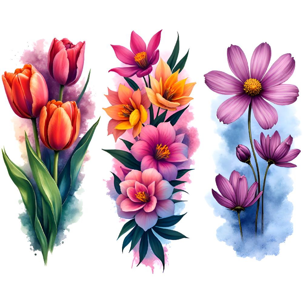 3pcs Temporary Tattoo Flower Tattoos Colorful Realism Floral Designs Realistic Temporary Tattoos For Shoulders Male Arms