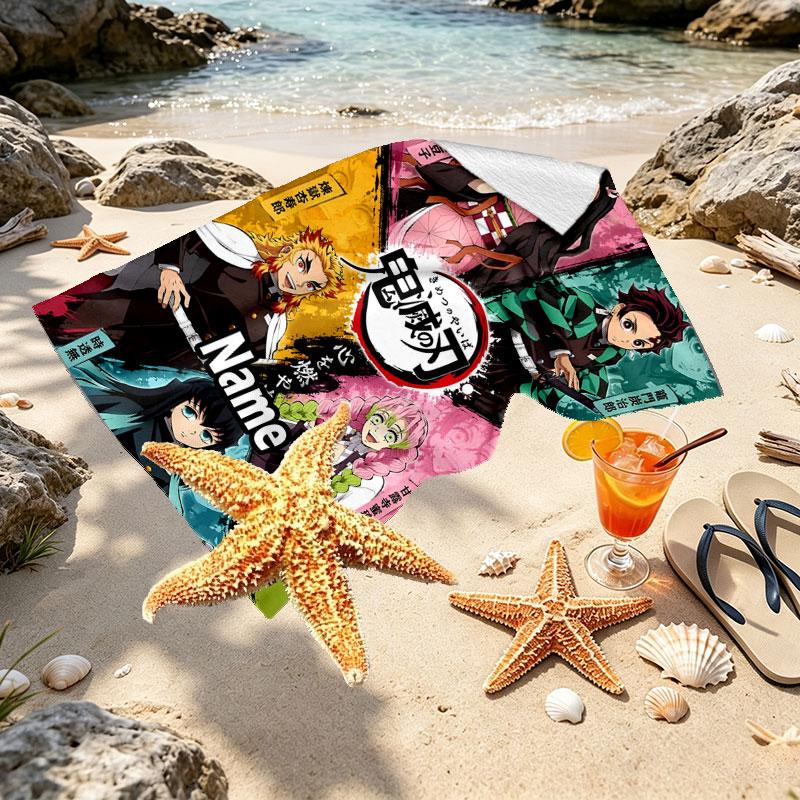 Custom Name Personalized Demon Slayer Print Beach Towel, for Trip Camping Beach Party Home Decor, Birthday Gift for Family & Friends