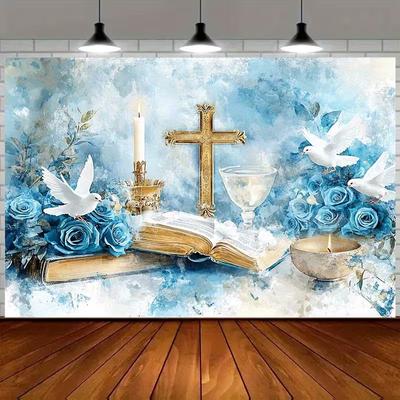 2D First Communion Backdrop Blue Cross Dove Holy Bible Photography Background