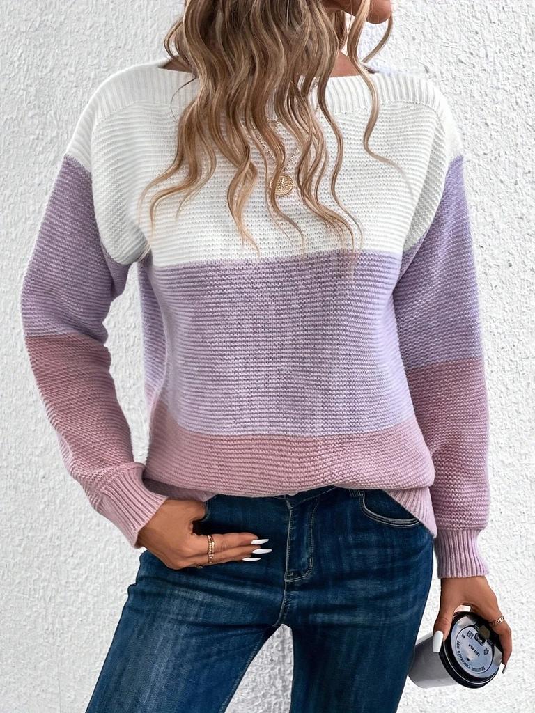 Autumn and winter crew neck splicing versatile striped sweater women's lazy style top loose large size pullover knitted sweater