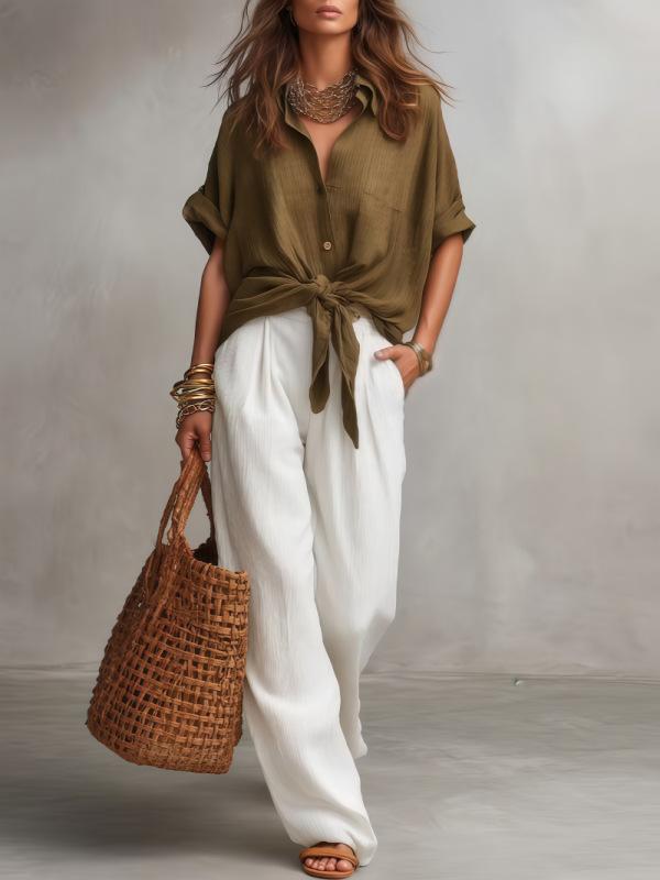 2026 European and American style linen shirt wide-leg pants two-piece set summer casual loose contrasting color fashion set S