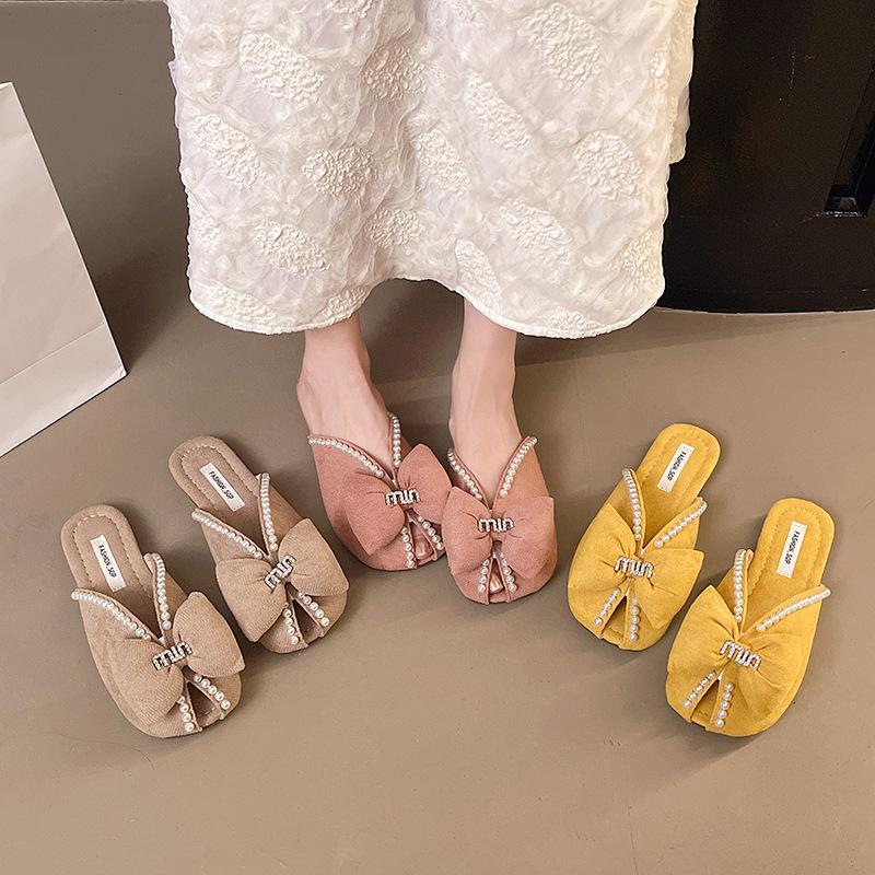 Baotou half slippers women's summer wear new versatile flat bottom pregnant women French pearl bow fish mouth sandals