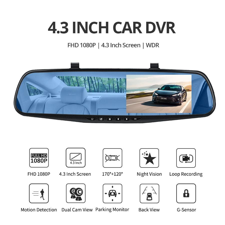 E-ACE Dashcam Car Dvr 4.3 Inch Mirror FHD 1080P Camera Optional Dual Lens DVR  Rearview Mirror Dash Camera Video Recorder Auto