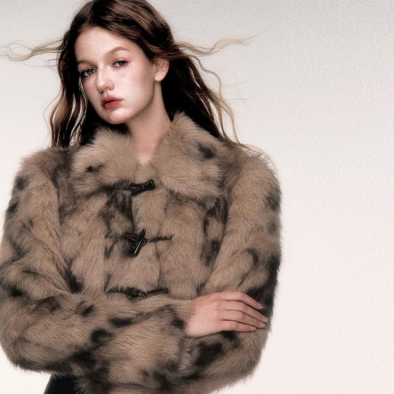 

Янтарно-песочно-коричневая винтажная шуба из искусственного меха для женщин - Короткая зимняя, Высококачественная имитация лисьего меха. One Size