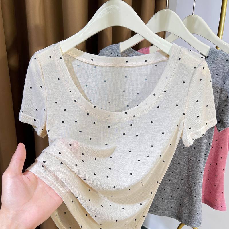 Women's Ultra-Thin Polka Dot Low-Neck Short-Sleeve Knit Top for Summer 2024