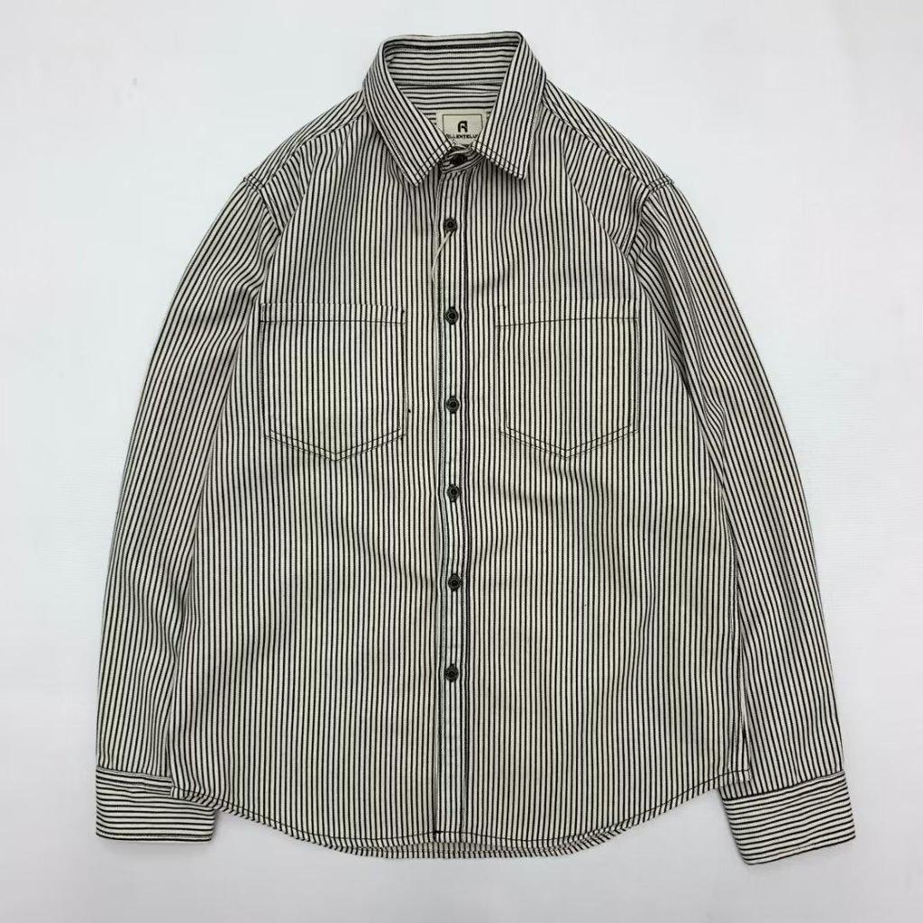 Unisex Retro Japanese Khaki Striped Long-Sleeve Shirt