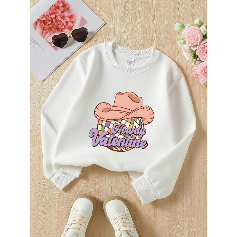 Kids Crewneck Sweatshirt, Checkered Ball & Cowboy Hat Graphic Print, Spring Autumn Casual Sport Tops 110
