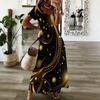 Women Plus Size V Neck Short Sleeve Black Gold Printed Straight Long Dress
