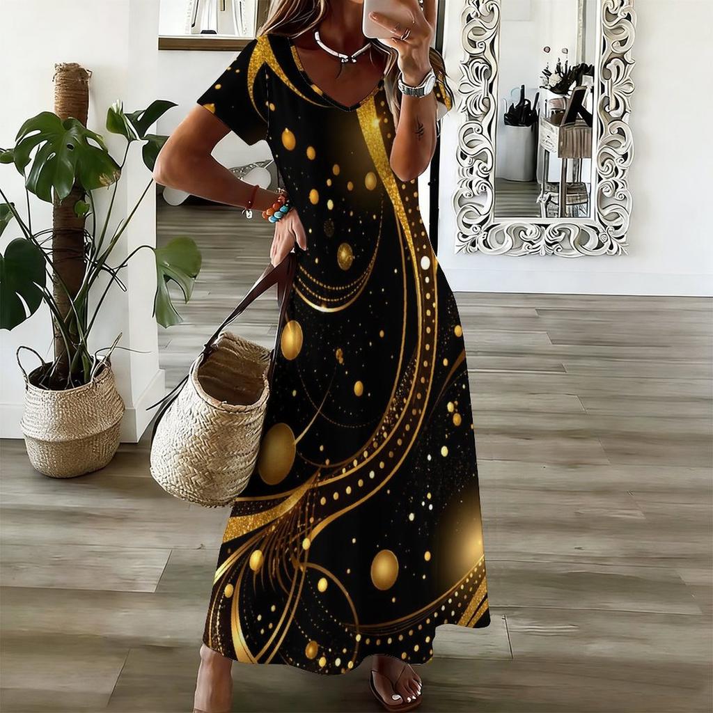 Women Plus Size V Neck Short Sleeve Black Gold Printed Straight Long Dress