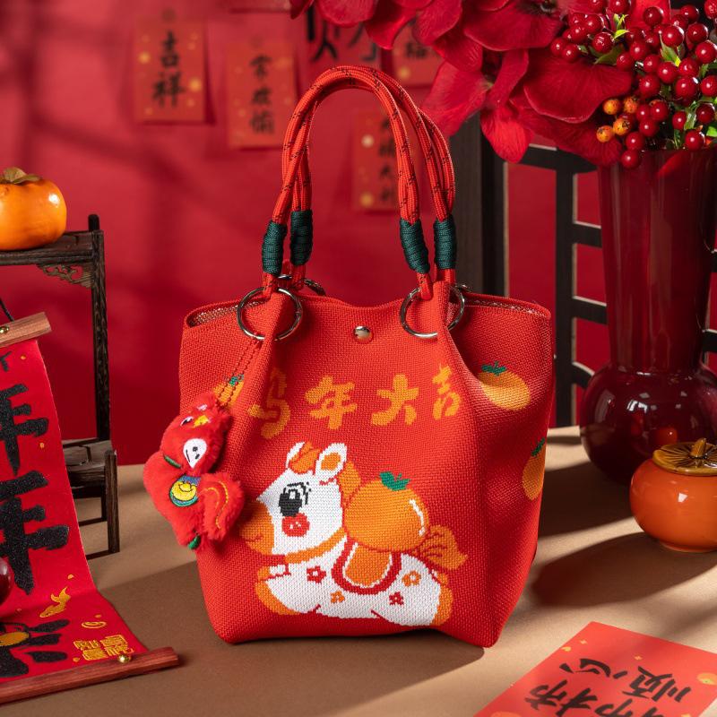 New 2026 Horse Year Cartoon Mascot Pony Knitted Bucket Bag For Women Fashion Large Capacity Portable Handbag New Year Gift