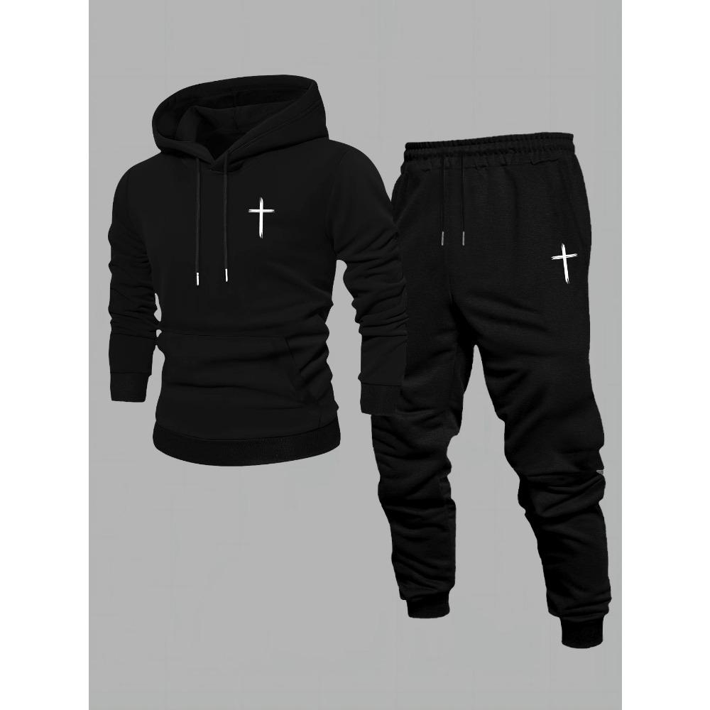 

Men s Printed 2pcs Set, Casual Hooded Long Sleeve Sweatshirt and Jogger Pants Outfit, Suitable for Winter and Autumn, Sportswear Set S