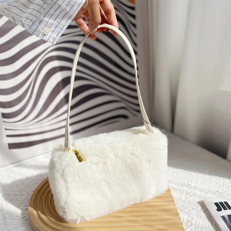 Winter Casual Portable Women's Plush Shoulder Bags Simple Commuter Ladies Furry Underarm Bag Versatile Faux Fur Female Handbags