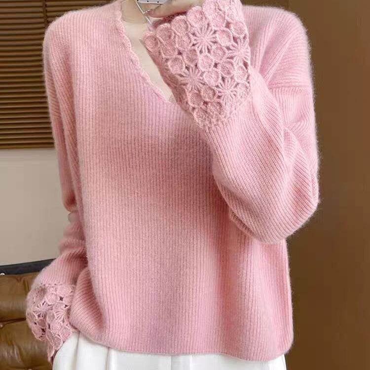Women's V-neck Hollow Knitted Pullover Sweater In Autumn and Winter New Fashionable and Versatile Loose Cashmere Base Shirt