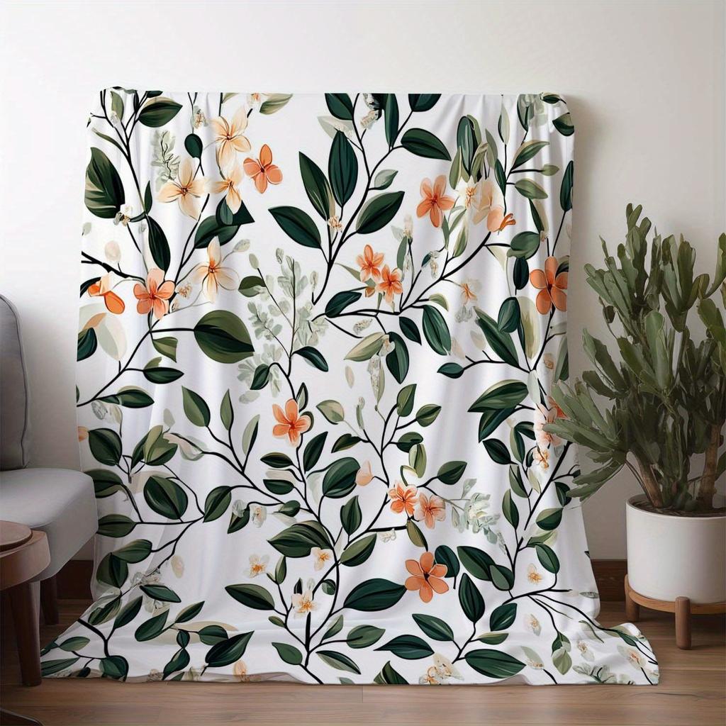 1pc Vintage Floral Leaf Print Blanket - Polyester fabric, machine washable, suitable for sofa, bed, car, office and camping