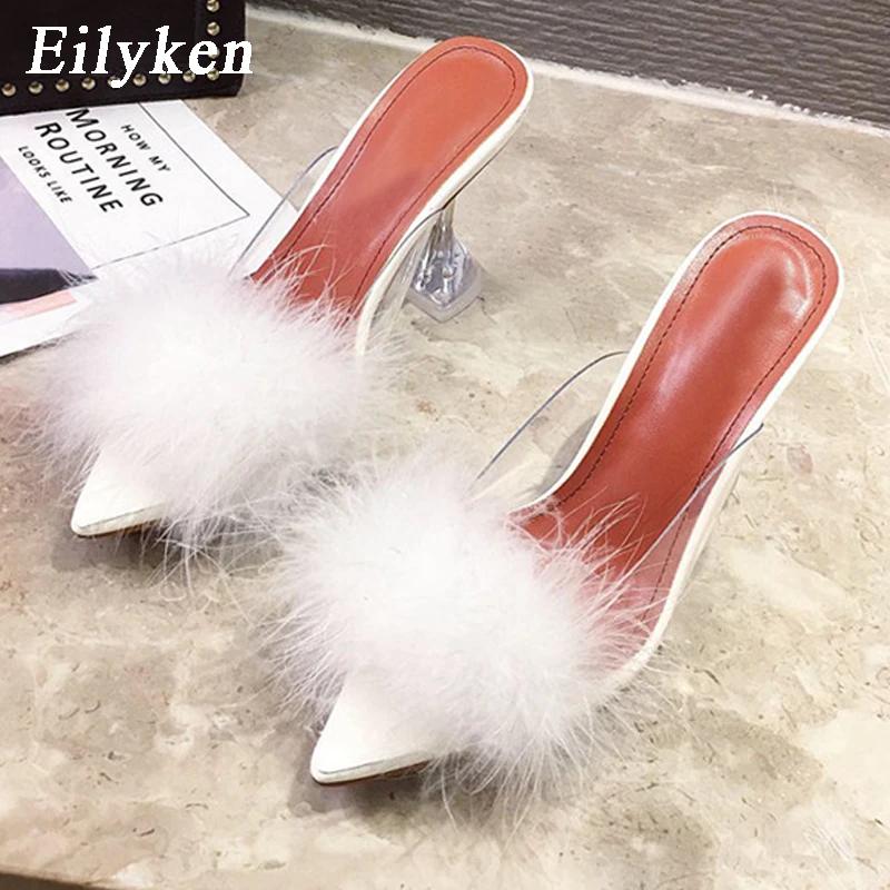 Fashion Eilyken Design White Fluffy Pointed Toe Womens Slippers PVC Transparent Jelly Sandals Perspex Glass Spike Heels Shoes Pumps