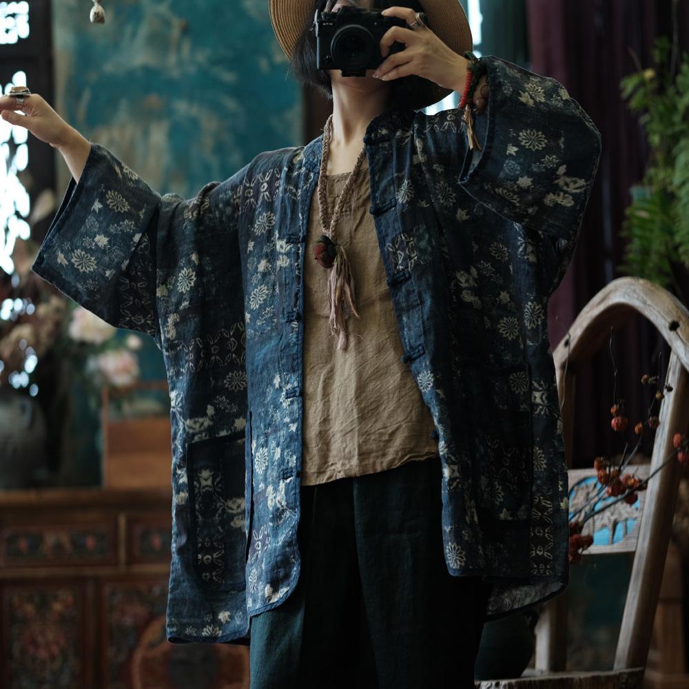 Johnature Women Vintage Print Floral Shirts Tops Print Floral Linen Blouses Spring Stand Long Sleeve Women Shirts