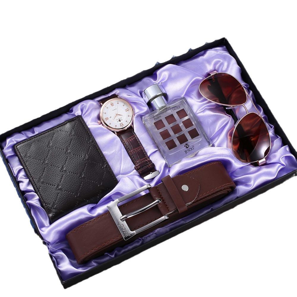 Men's Classic Gift Set: Watch, Leather Belt, Glasses, Perfume, Wallet (5 Pcs)