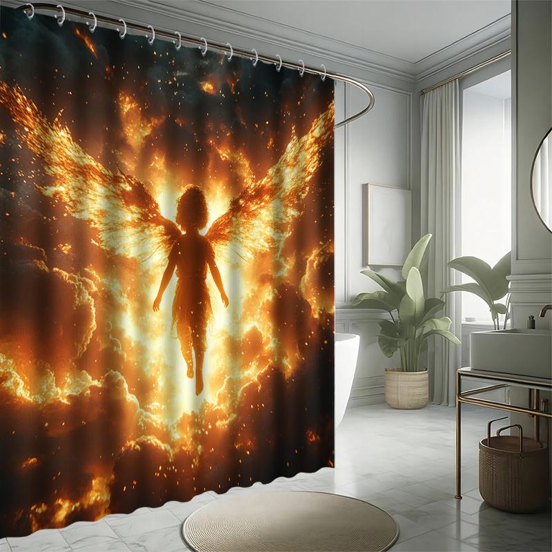 Dusk Angel Shower Curtain Set - Dark Golden, Fantasy Art Series, Includes 12 Hooks, Polyester Fabric