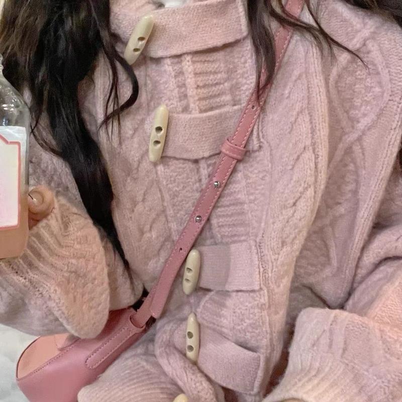 Toggle Buttons Women's Sweater Solid Hooded Cable Knit Texture Long Sleeve Cardigan Autumn New Version Loose Sweet Woman Top