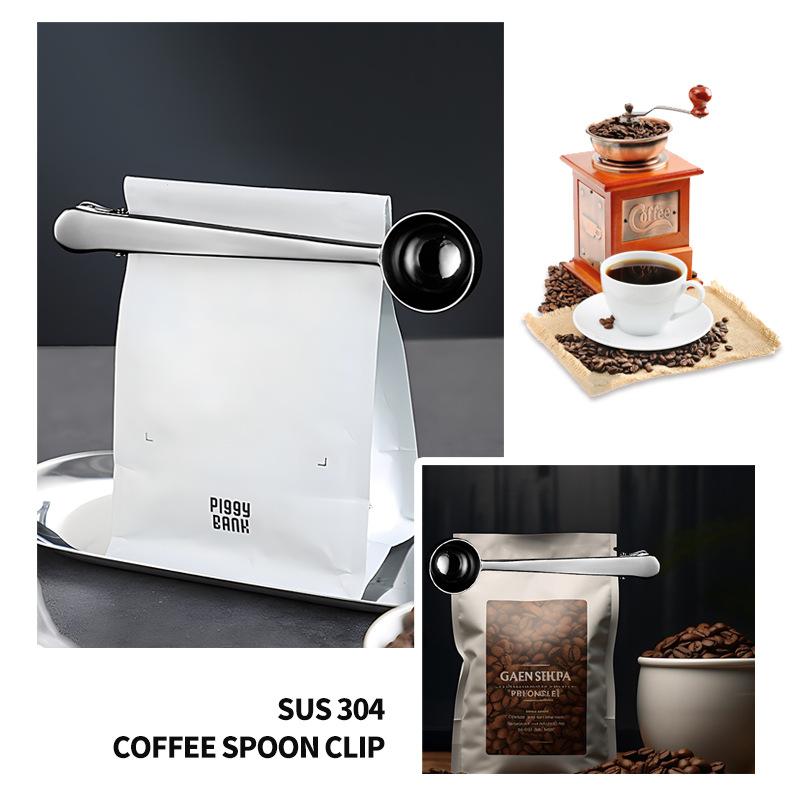 Cuchara de café de acero inoxidable dos en uno con clip de sellado, cuchara para café de cocina, clip de sellado para alimentos, cuchara medidora multifunción para granos de café