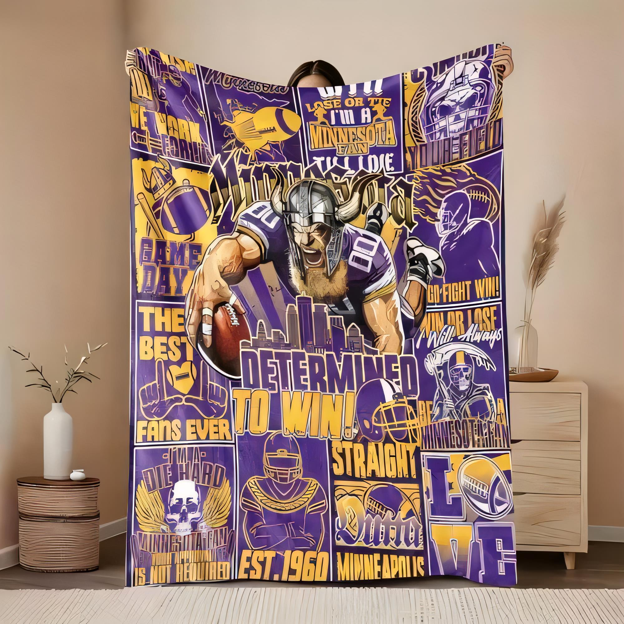 Minnesota Vikings Football Blanket Multi-Panel Design Purple Gold Colorful Throw with Viking Player Helmet Game Day Text - Ideal 75cmx90cm