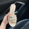 Thousand Gold Satin Rhinestone Slippers Outer Wear Summer Word with Champagne Thick Heel Cool Slippers