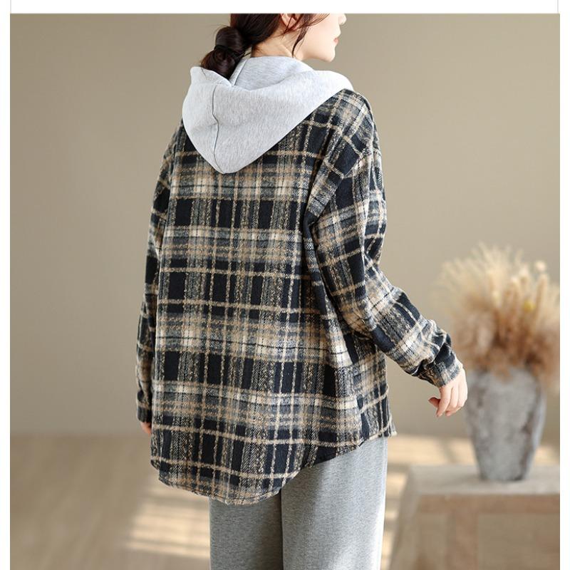 DIMANAF 2025 New Autumn Winter Plus Size Women Coats Jackets Hooded Cotton Thick Long Sleeve Loose Casual Outerwear Vintage Lady Plaid