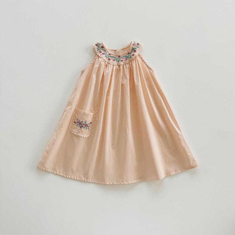 Girls Summer Tweed Embroidered Spaghetti Strap Dress Sleeveless Backless Princess Party Gown For Kids 90cm