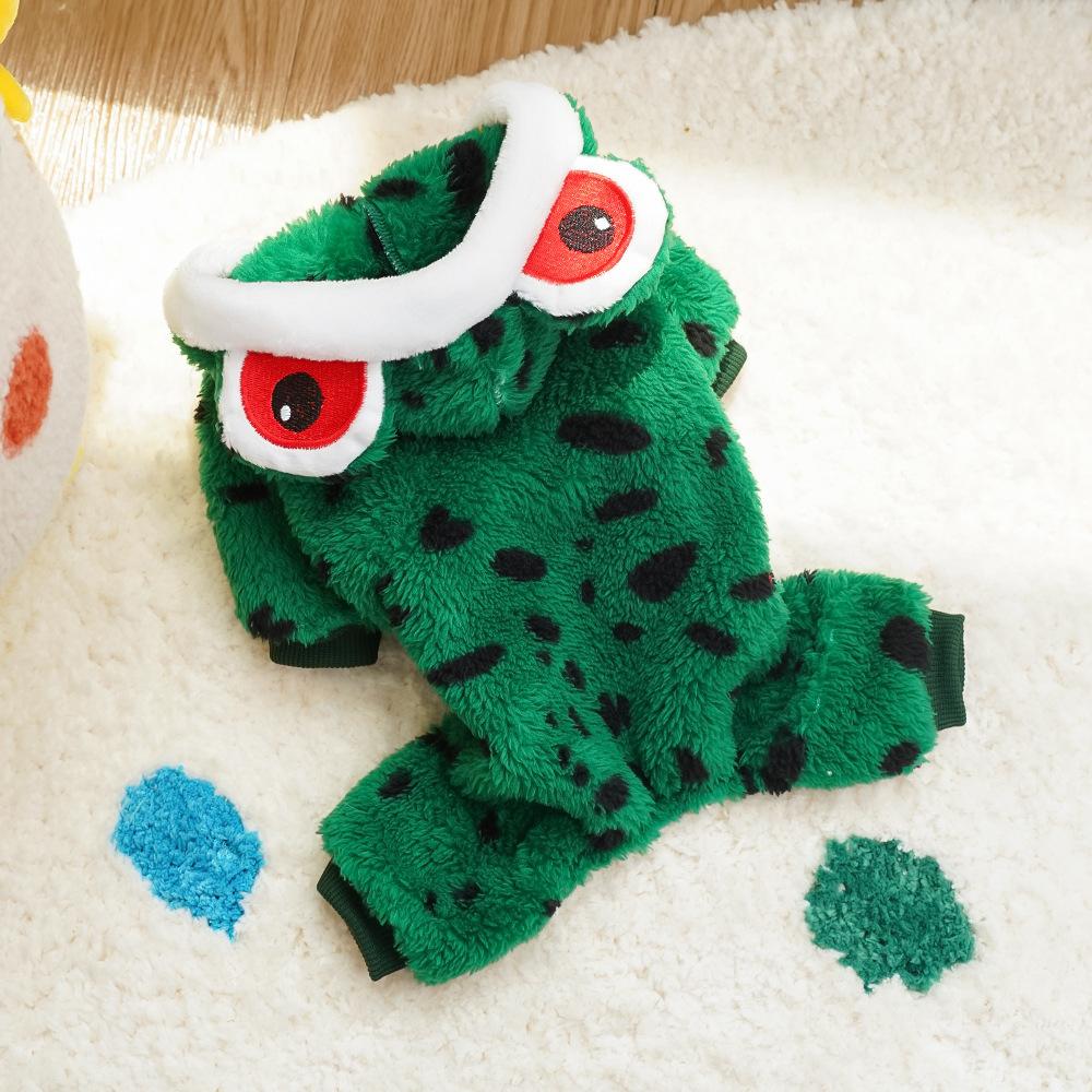 Autumn Winter Warm Frog Costume 4-Legged Pet Onesie for Small Dogs - Fluffy Warm Puppy Hooded Clothing (Cute Animal Style)