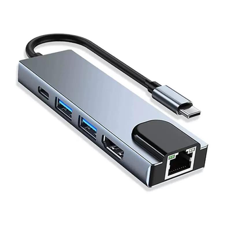 5-in-1 USB C Hub Adapter with 4K HDMI 1000Mbps Ethernet 100W PD USB 3.0 2.0 Multiport Dongle for MacBook iPad Laptop