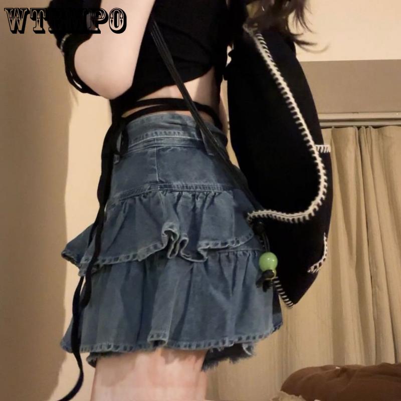 Women's Short Skirt Large Size High Waist Design Denim Skirt Retro Ruffle Wrap Hip Skirt Double Pleated Skirt