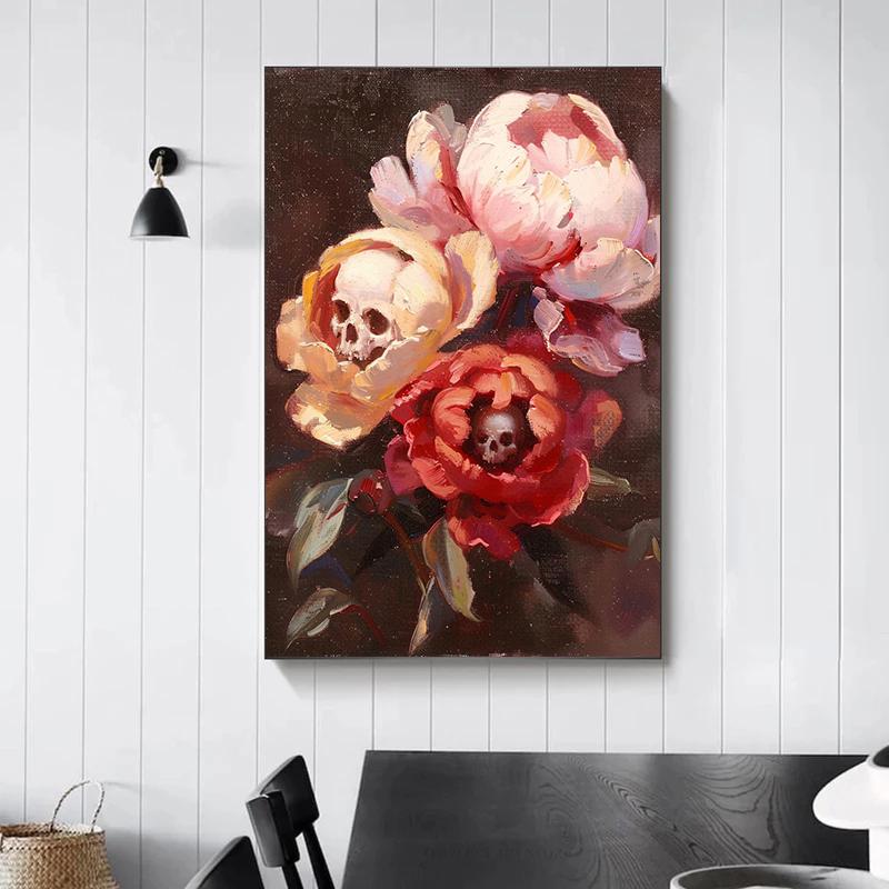 Surreal Skull Flower Gothic Posters Botanical Floral Eyeball Rose Vampire Prints Canvas Painting Wall Pictures Home Room Decor