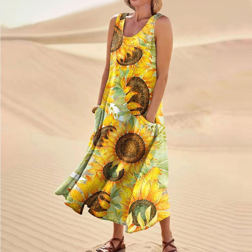 Women's Summer Casual Fashion Printed Sleeveless Round Neck Pocket Dress