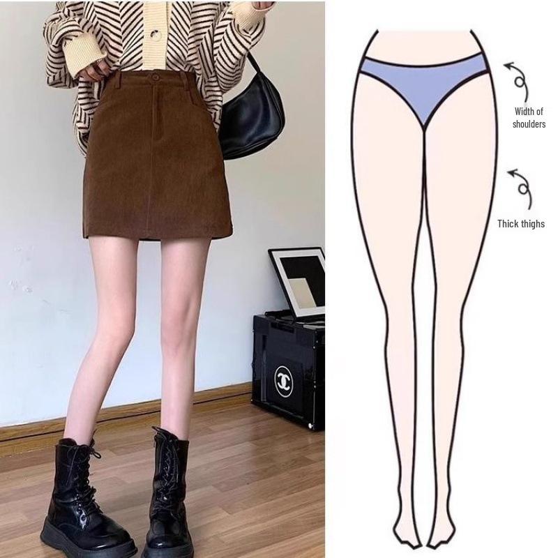 2024 Spring/Summer Retro Corduroy High-Waisted A-Line Midi Mini Hip Wrap Skirt for Women