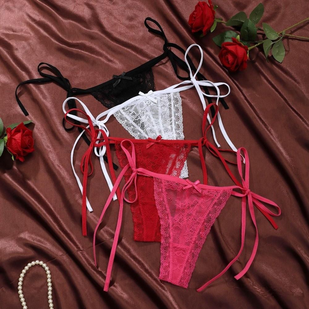Adjustable Waist Strap Bow Lace Flower Transparent Briefs Female Lingerie Romantic T Panties Gift