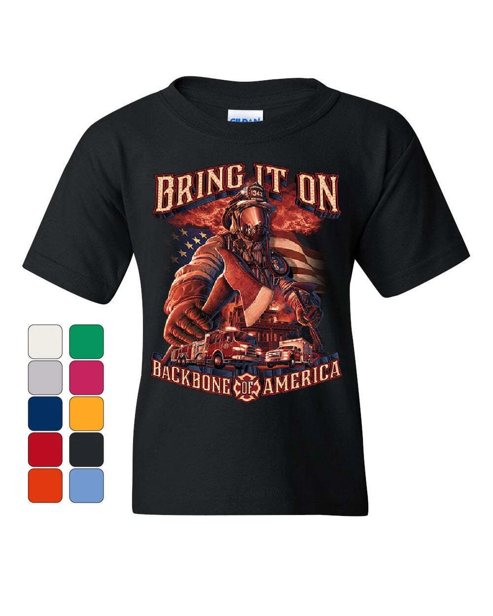 Firefighter Backbone of America Youth kids boys T-Shirt FD Fire And Rescue Hero Kids Tee 140