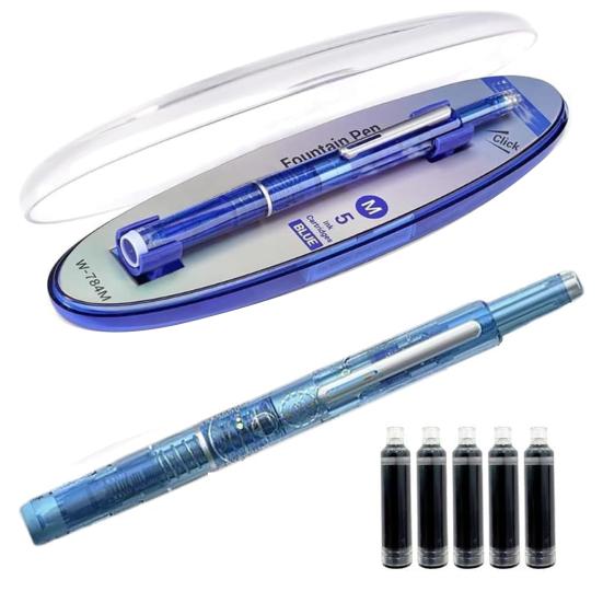 Retractable Fountain Pen Fine Nib Set 0.38mm Black/Blue Ink Transparent Barrel Pen with 5 Refillable Ink Cartridges for Sketching