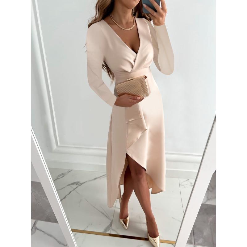 women's Solid Color Satin Wrap V Neck Long Sleeve Ruched High Slit Irregular Hem Maxi Dress Party Evening Dress