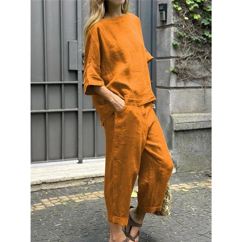 Damen 2-teiliges Leinen-Outfit-Set Bootausschnitt Halbarm Taschen-Oberteile Weite Cropped-Hosen Lässiger Sommer-Loungewear-Anzug