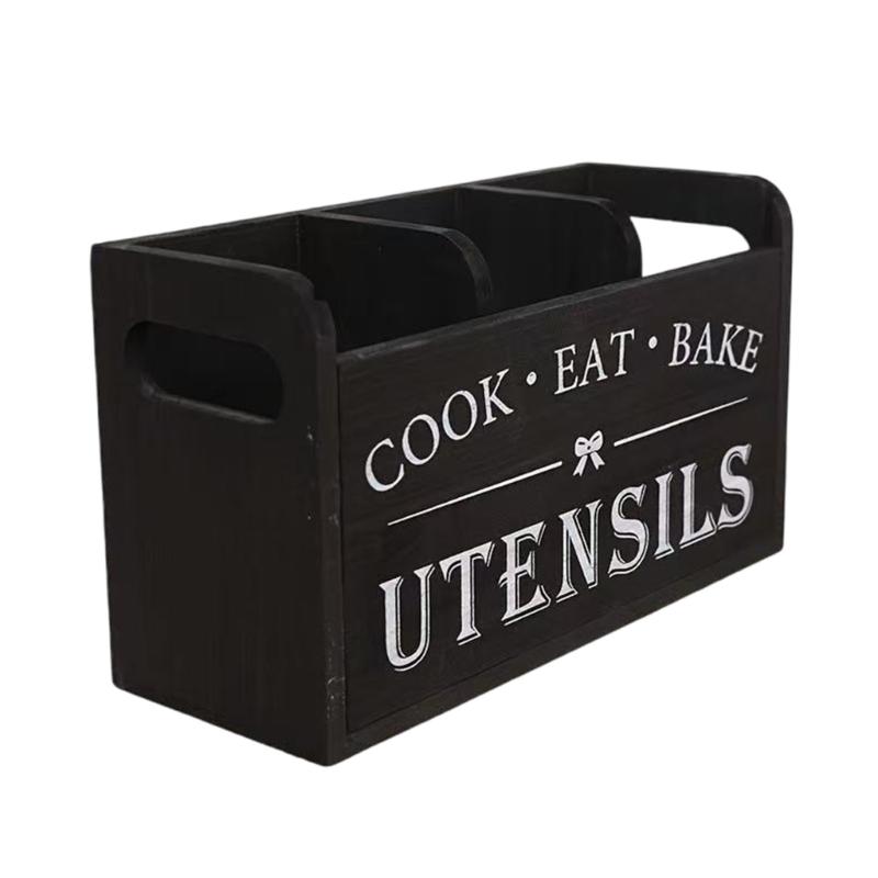 Dřevěný držák na náčiní s více přihrádkami 3 sekce Úložný box na kuchařské příslušenství Nástroj pro organizaci kuchyňské linky