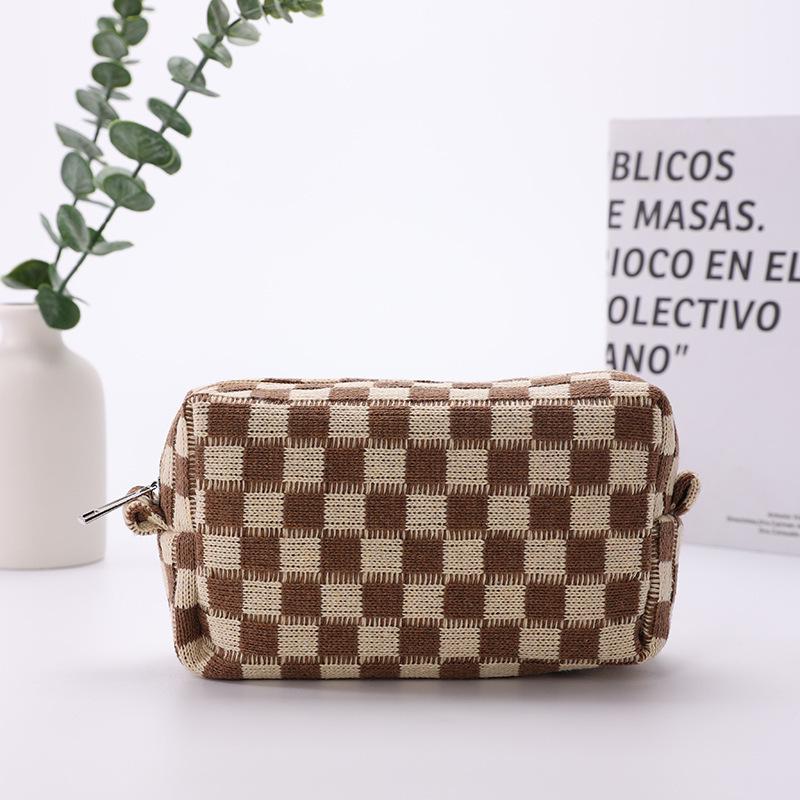 Checkerboard Colorblock Lightweight Crossbody Makeup Bag - Large Capacity Trendy Plaid Cosmetic Storage