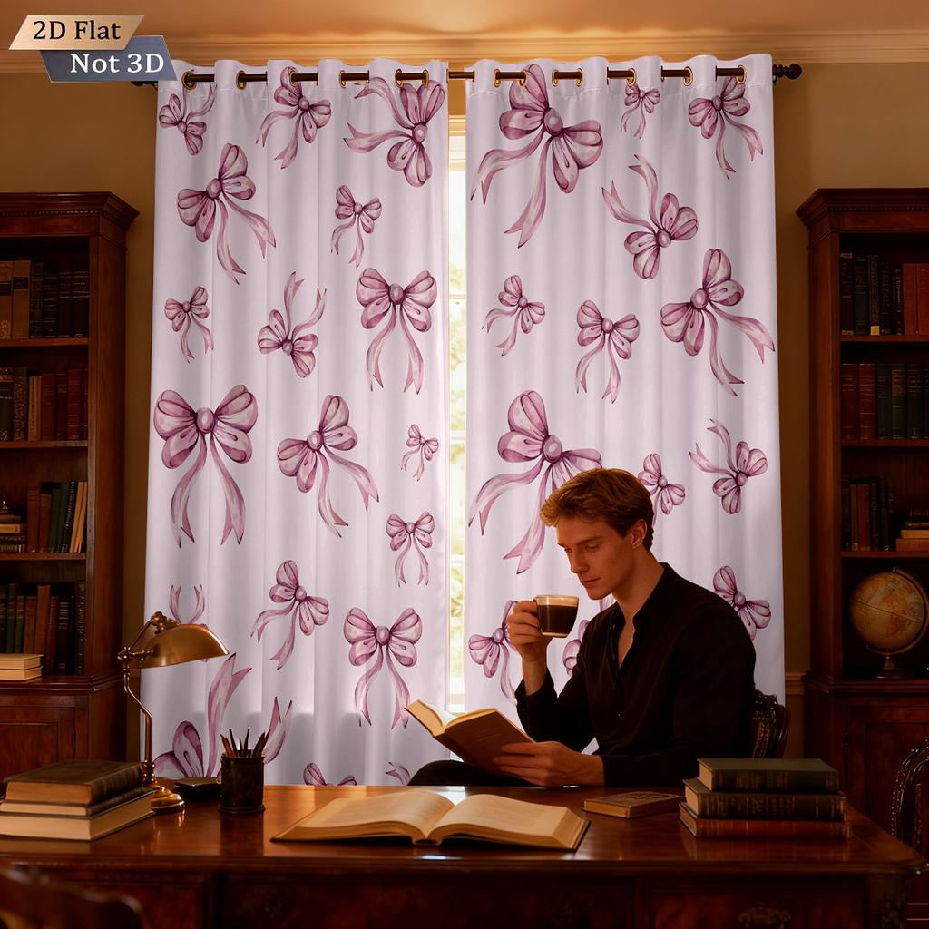 2pcs Pink Romantic Bow Print Blackout Curtains   Multi Size Living Room Bedroom Insulation   Holiday Decoration   Easy Installation