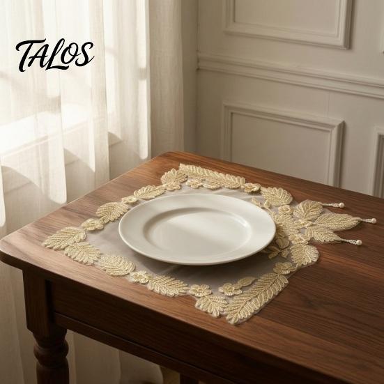 Mesh Table Mat Floral Embroidered Placemat, Heat Insulation with Beads, Decorative Mats for Dessert Shop Display Retro Coaster Wedding Dining