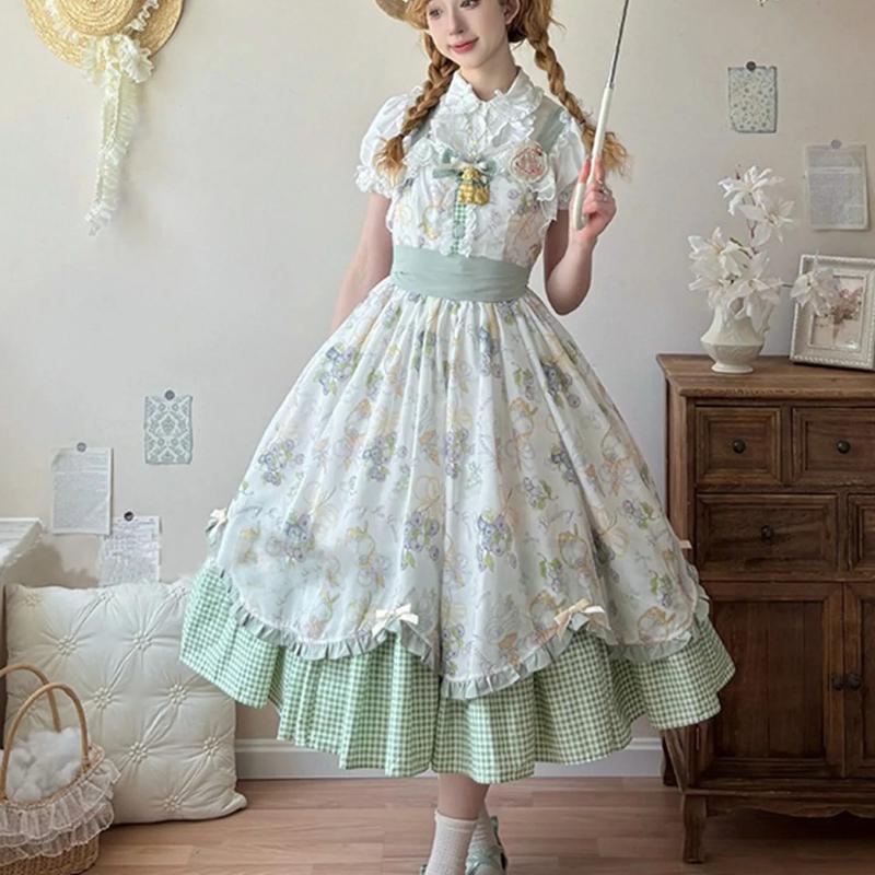 Pounds Country Style Lolita Skirt Elegant Daily Lace Print Midi Dress Shirt Set Princess Ball Gown Style
