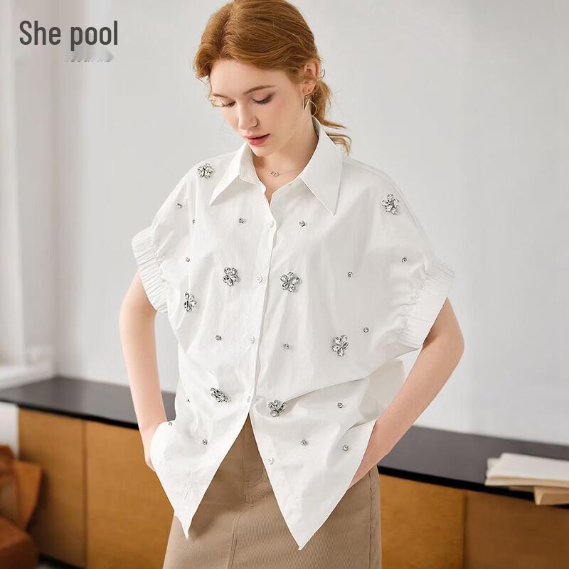 Shechi Women s Rhinestone Lapel Loose Shirt L