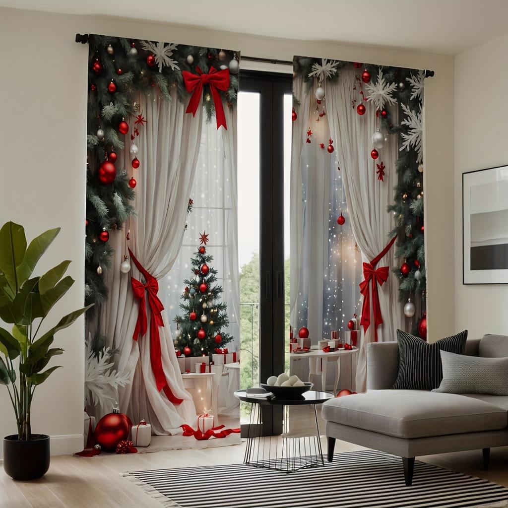 2pcs/Set Festive Red Christmas Ball And Green Leaf White Snow Pattern Print Curtains - Perfect For Living Room, Bedroom, Kitchen