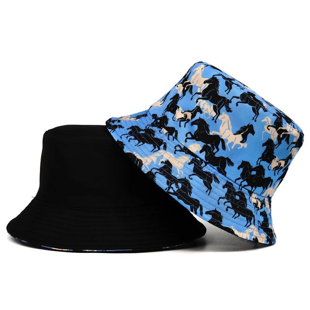Panama Fischerhüte Tier Pferd Print Fischerhut Sommer Sonnenhüte für Damen Herren Wendbare Angelkappe